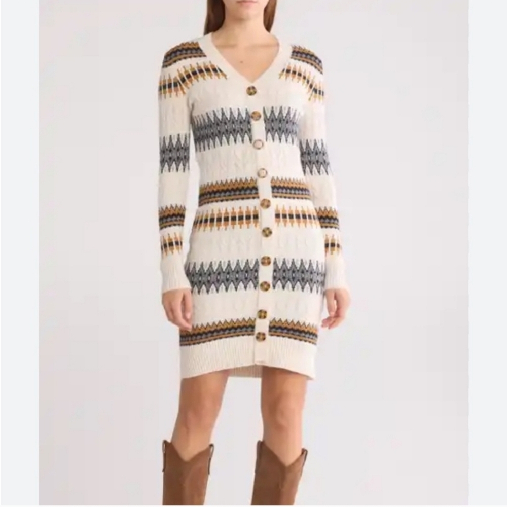 Lucky Brand Fair Isle Nordic Stripe Button Front Sweater Dress Cream NEW small